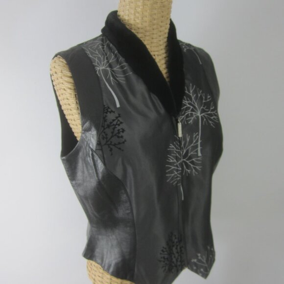 Vtg TAPP New York Womens M Black Gray Tree Print Lamb Leather Vest Fur Collar - Picture 11 of 13